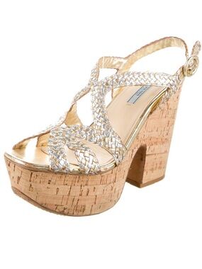 PRADA Gold & Silver 2-Tone Metallic Braided Leather Cork Platform Sandals 40 10
